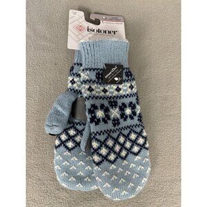 Isotoner Signature Womens Nordic Fair Isle Water Repellent Knit Mittens Blue NWT